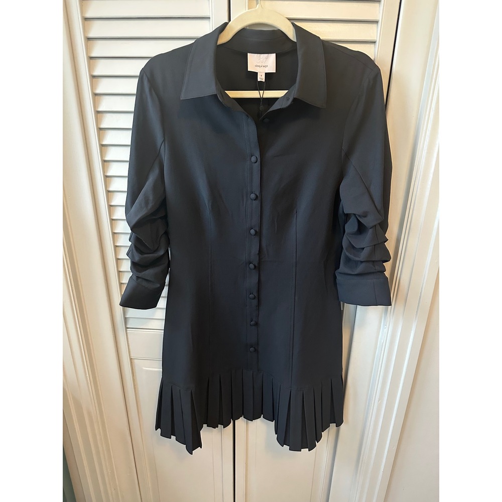 Cinq a Sept Lucilla Black Pleated Hem Ruched Sleeve Shirt Mini Dress 8 - Picture 4 of 6